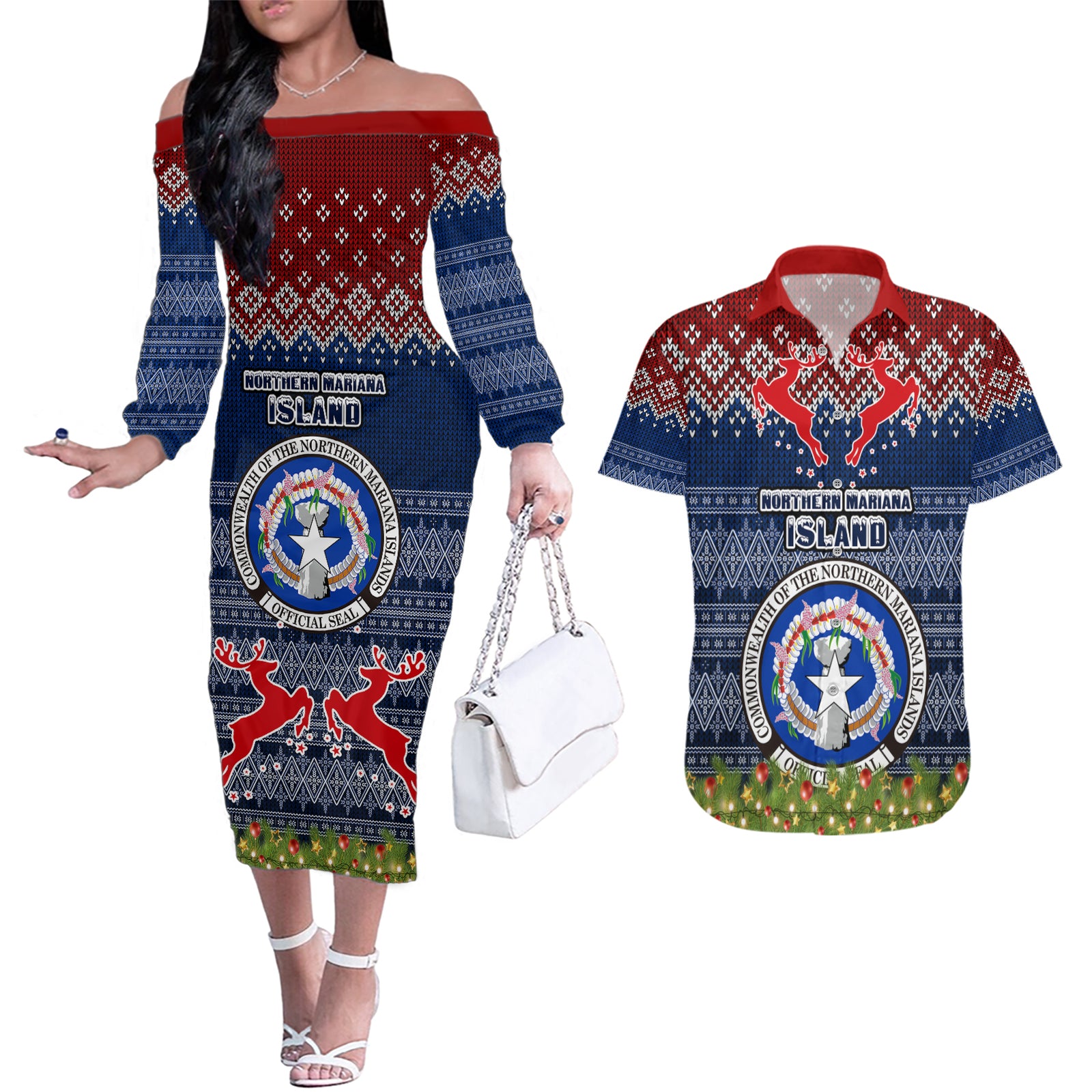 personalised-northern-mariana-islands-christmas-couples-matching-off-the-shoulder-long-sleeve-dress-and-hawaiian-shirt-coat-of-arms-and-map-beautiful-merry-xmas-snowflake
