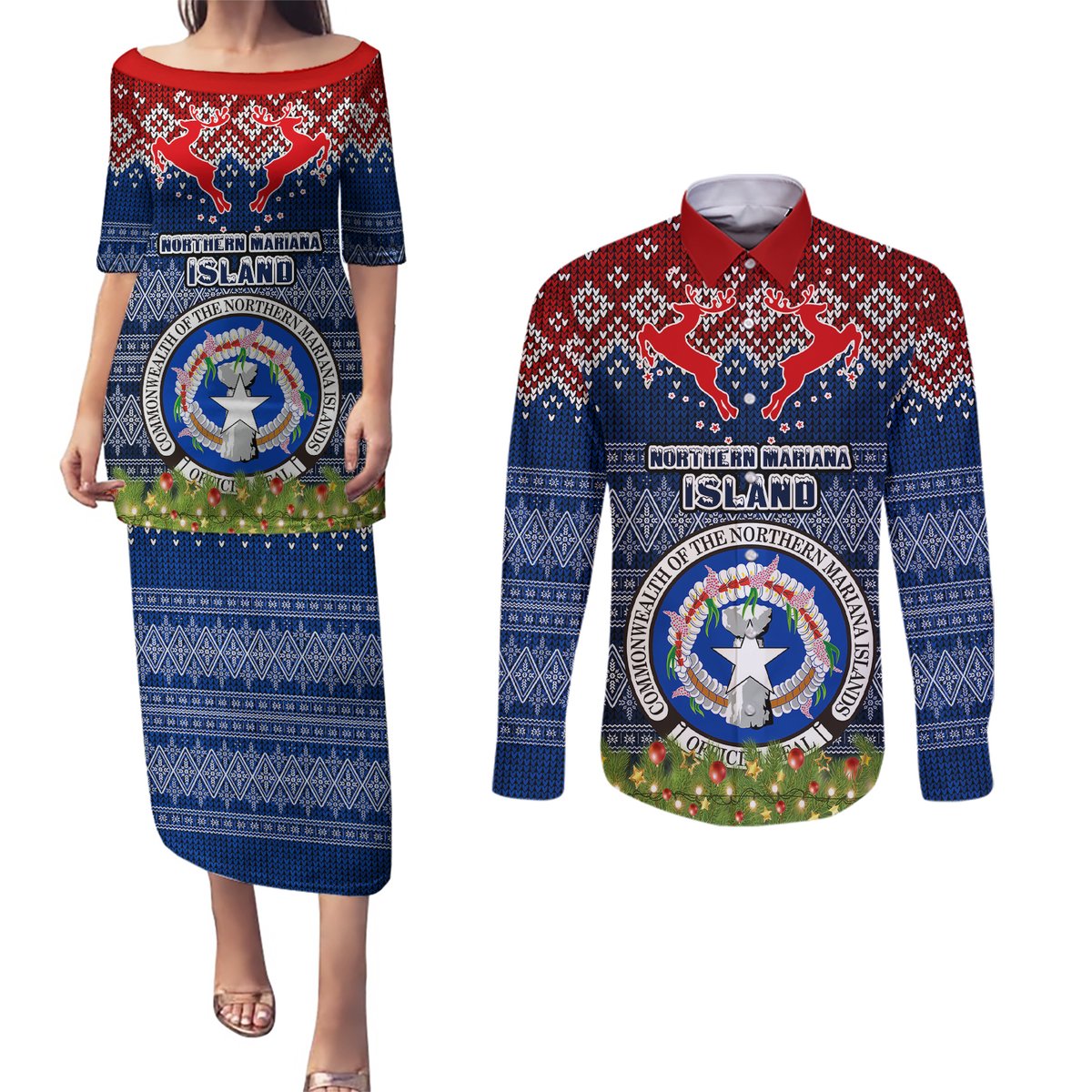 personalised-northern-mariana-islands-christmas-couples-matching-puletasi-dress-and-long-sleeve-button-shirts-coat-of-arms-and-map-beautiful-merry-xmas-snowflake