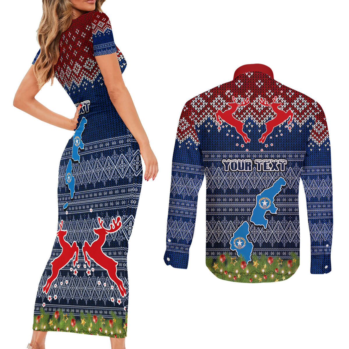 personalised-northern-mariana-islands-christmas-couples-matching-short-sleeve-bodycon-dress-and-long-sleeve-button-shirts-coat-of-arms-and-map-beautiful-merry-xmas-snowflake