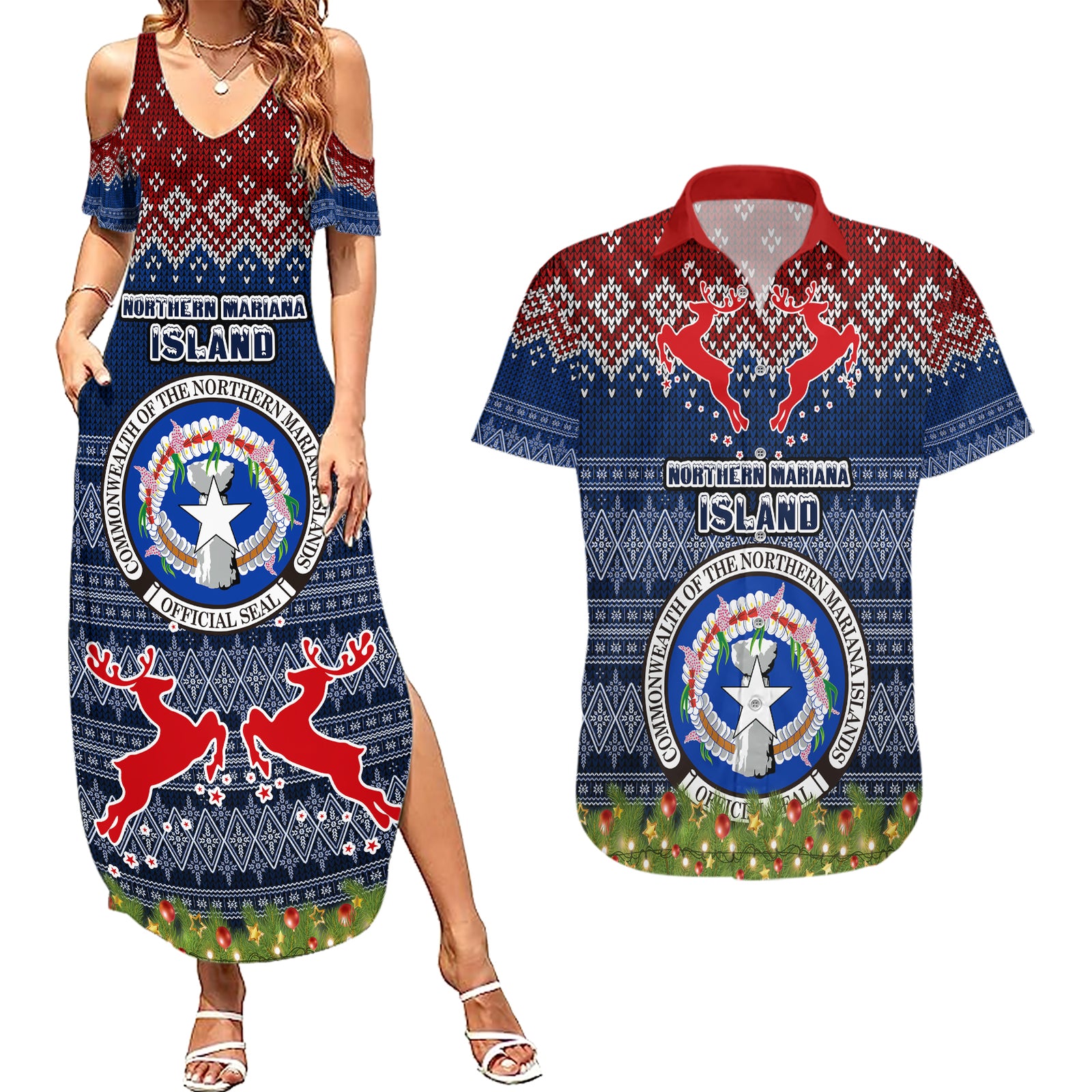 personalised-northern-mariana-islands-christmas-couples-matching-summer-maxi-dress-and-hawaiian-shirt-coat-of-arms-and-map-beautiful-merry-xmas-snowflake