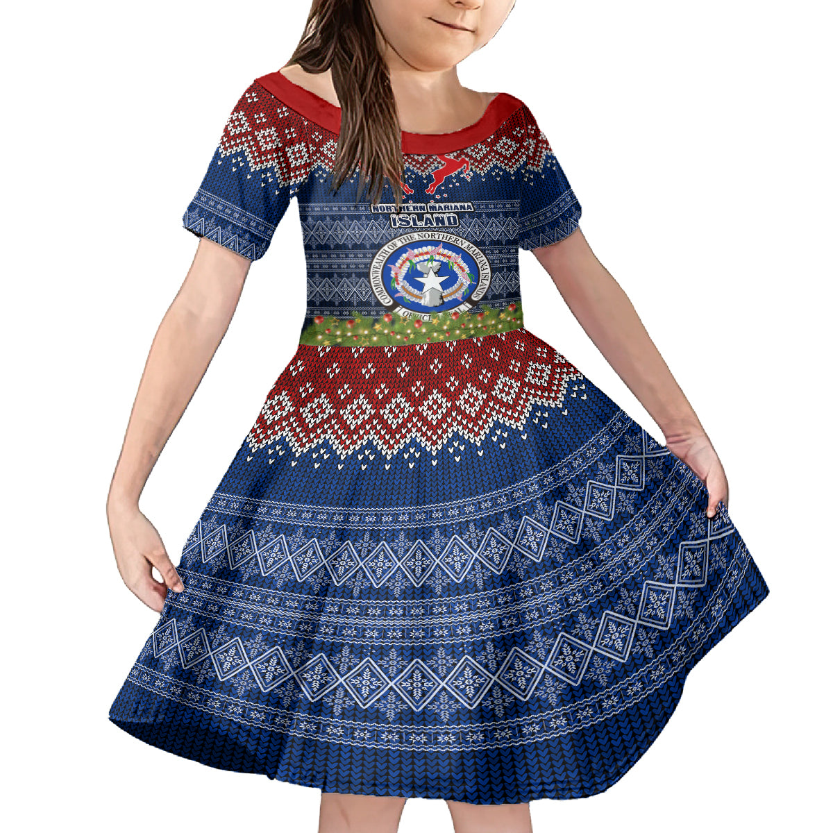 personalised-northern-mariana-islands-christmas-kid-short-sleeve-dress-coat-of-arms-and-map-beautiful-merry-xmas-snowflake