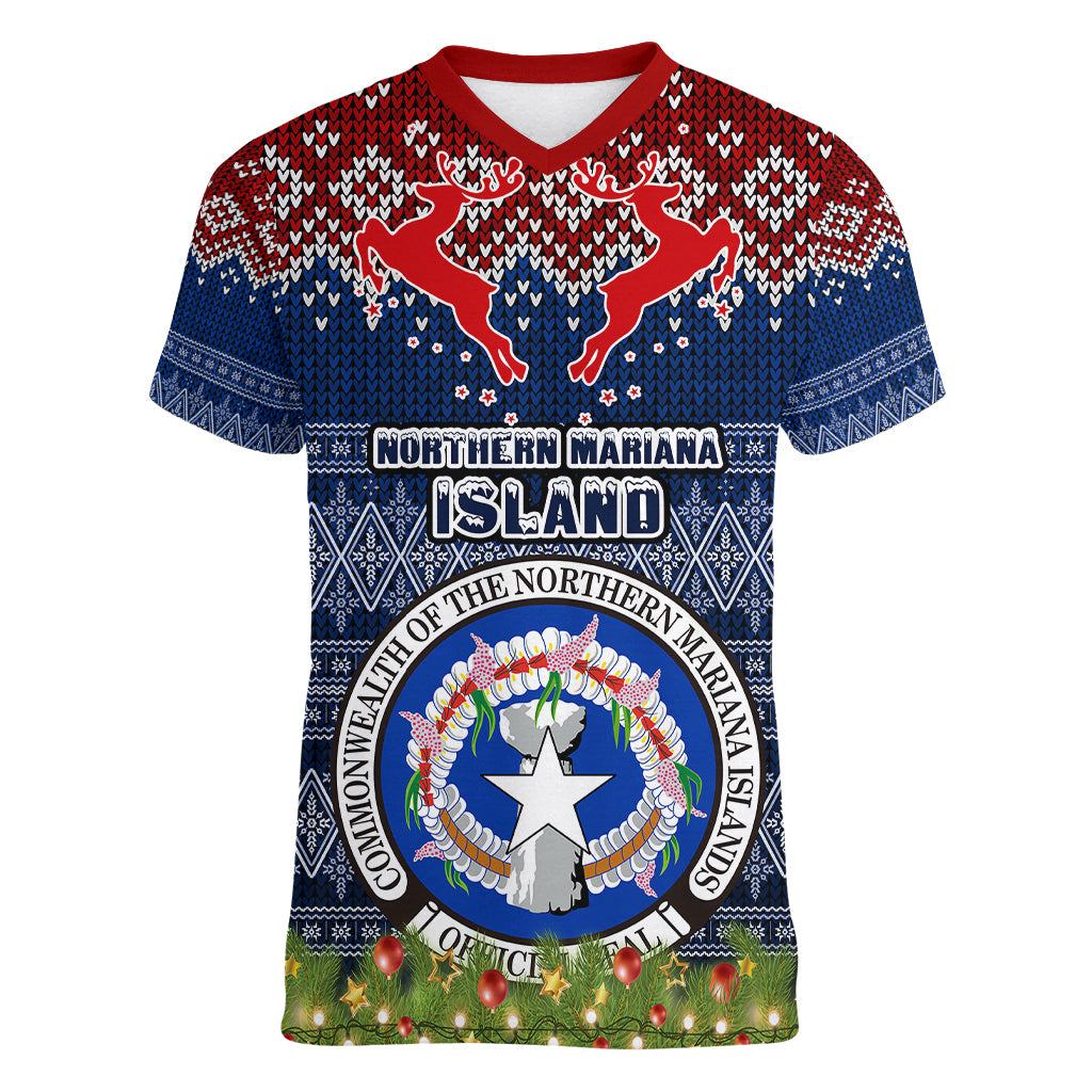 personalised-northern-mariana-islands-christmas-women-v-neck-t-shirt-coat-of-arms-and-map-beautiful-merry-xmas-snowflake