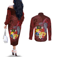 Tonga Humpback Whale Couples Matching Off The Shoulder Long Sleeve Dress and Long Sleeve Button Shirt National Seal with Hibiscus and Polynesian Tattoo