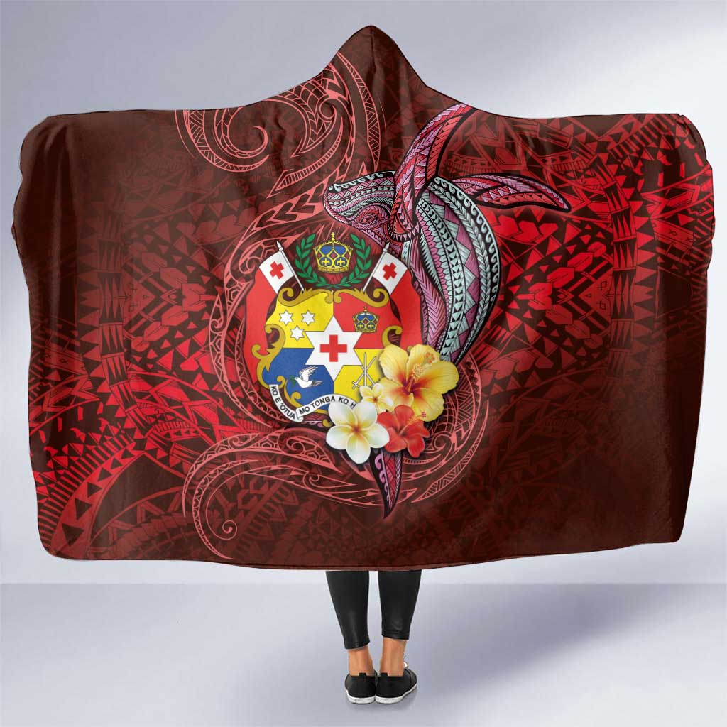 Tonga Humpback Whale Hooded Blanket National Seal with Hibiscus and Polynesian Tattoo LT03 One Size Red - Polynesian Pride