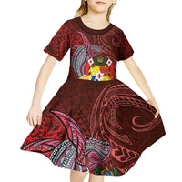 Tonga Humpback Whale Kid Short Sleeve Dress National Seal with Hibiscus and Polynesian Tattoo