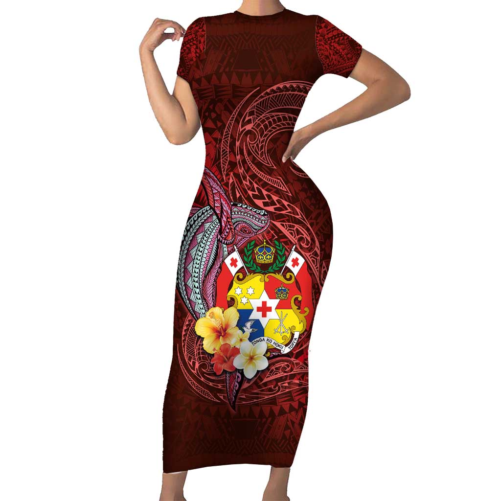 Tonga Humpback Whale Short Sleeve Bodycon Dress National Seal with Hibiscus and Polynesian Tattoo LT03 Long Dress Red - Polynesian Pride