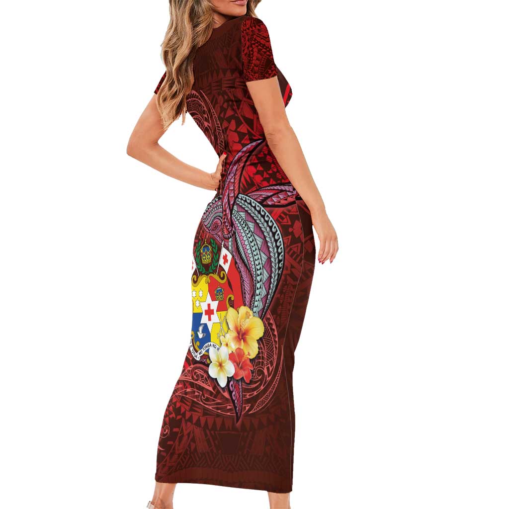 Tonga Humpback Whale Short Sleeve Bodycon Dress National Seal with Hibiscus and Polynesian Tattoo LT03 - Polynesian Pride