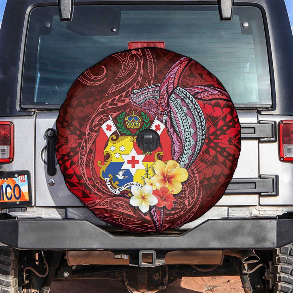Tonga Humpback Whale Spare Tire Cover National Seal with Hibiscus and Polynesian Tattoo