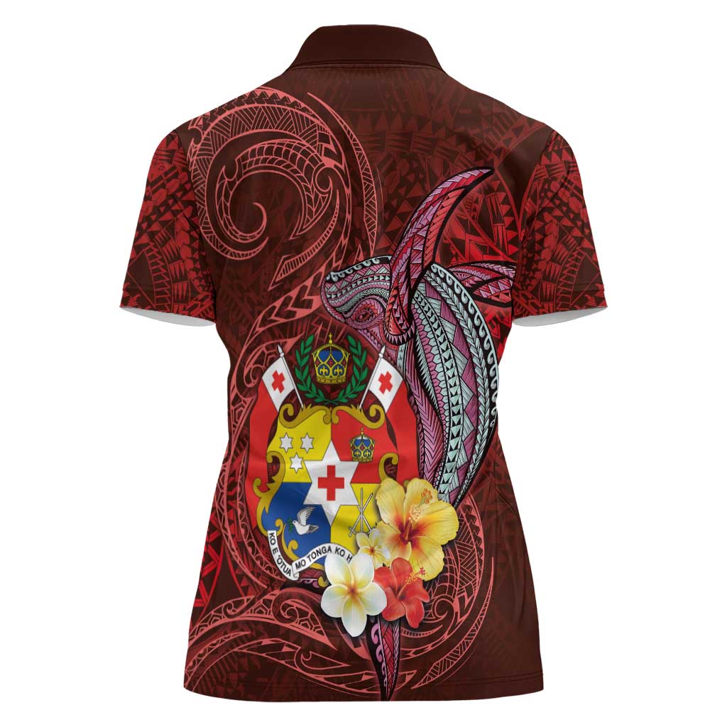 Tonga Humpback Whale Women Polo Shirt National Seal with Hibiscus and Polynesian Tattoo LT03 - Polynesian Pride