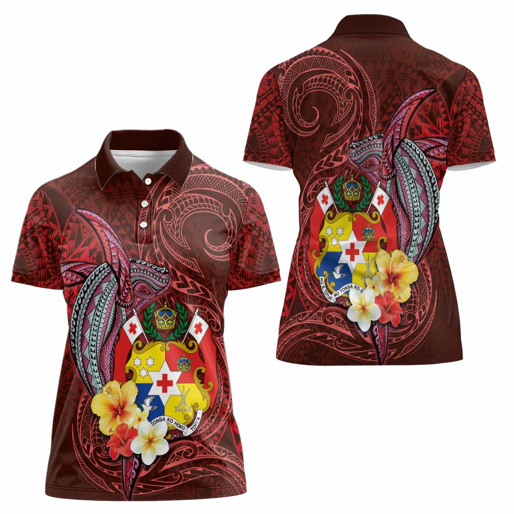 Tonga Humpback Whale Women Polo Shirt National Seal with Hibiscus and Polynesian Tattoo LT03 - Polynesian Pride