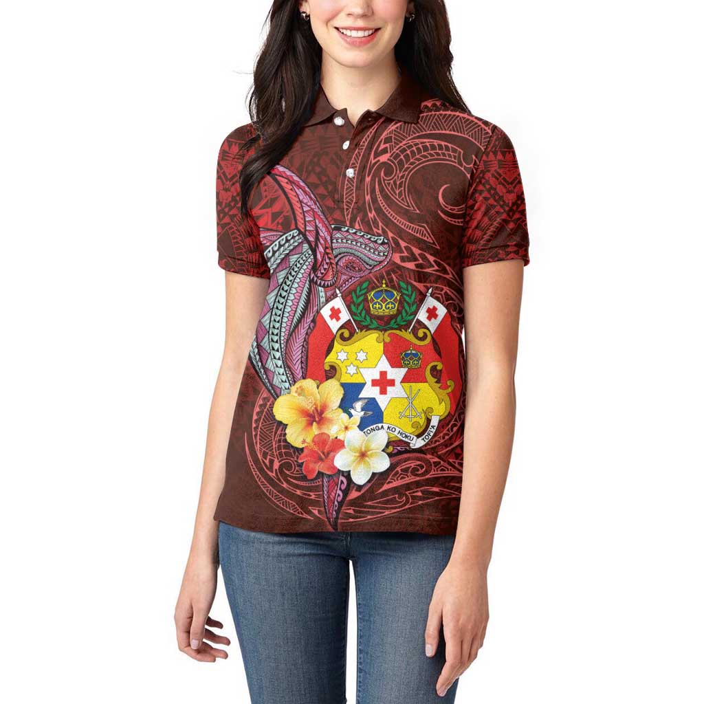 Tonga Humpback Whale Women Polo Shirt National Seal with Hibiscus and Polynesian Tattoo LT03 - Polynesian Pride