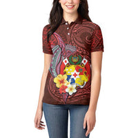 Tonga Humpback Whale Women Polo Shirt National Seal with Hibiscus and Polynesian Tattoo LT03 - Polynesian Pride
