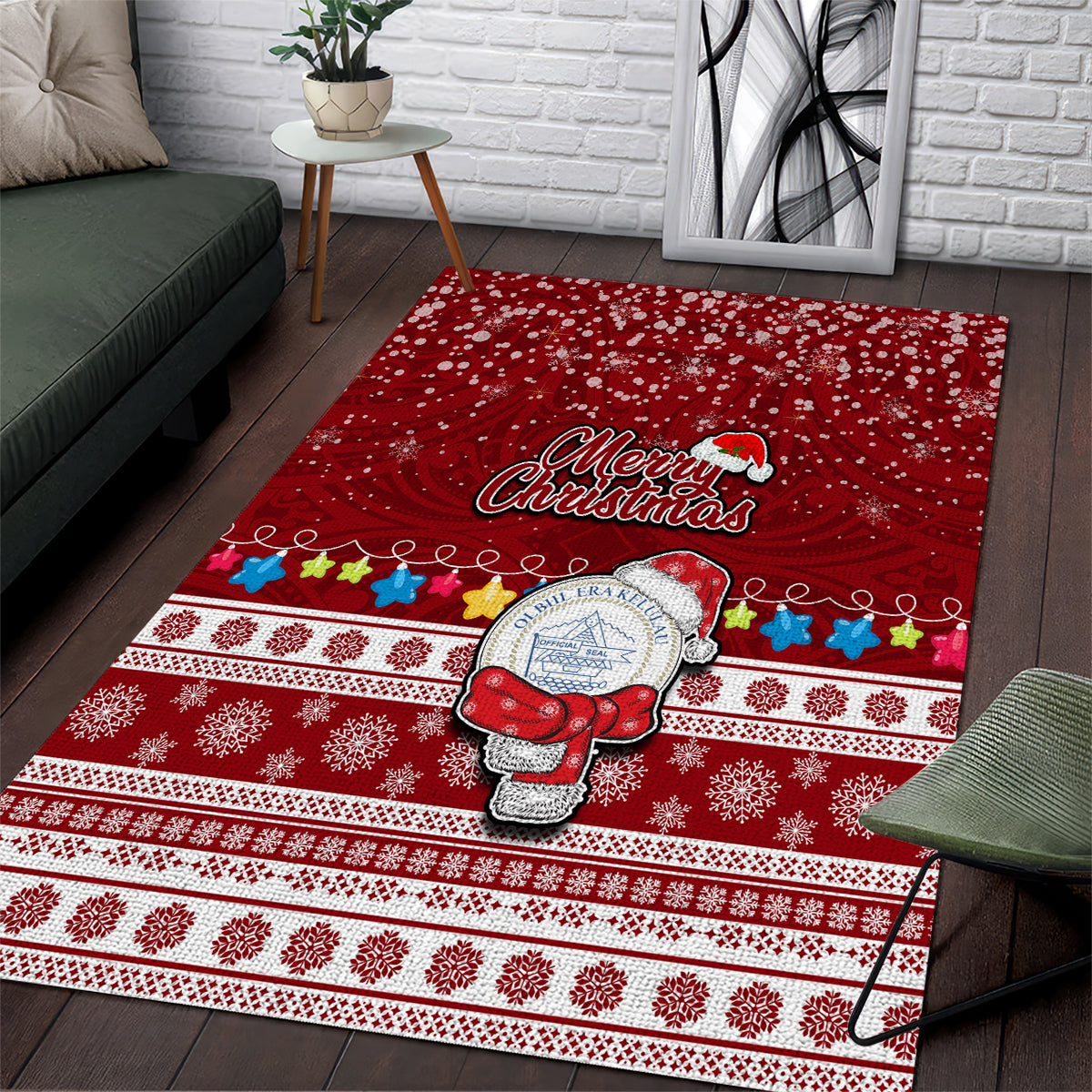 Palau Christmas Area Rug Snowman and Palau Coat of Arms Maori Tribal Xmas Style LT03 Red - Polynesian Pride