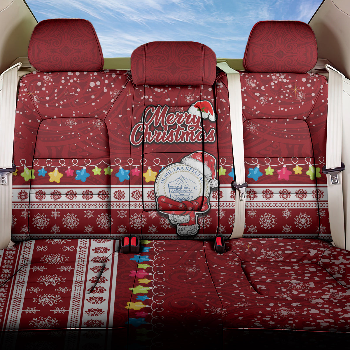 Palau Christmas Back Car Seat Cover Snowman and Palau Coat of Arms Maori Tribal Xmas Style