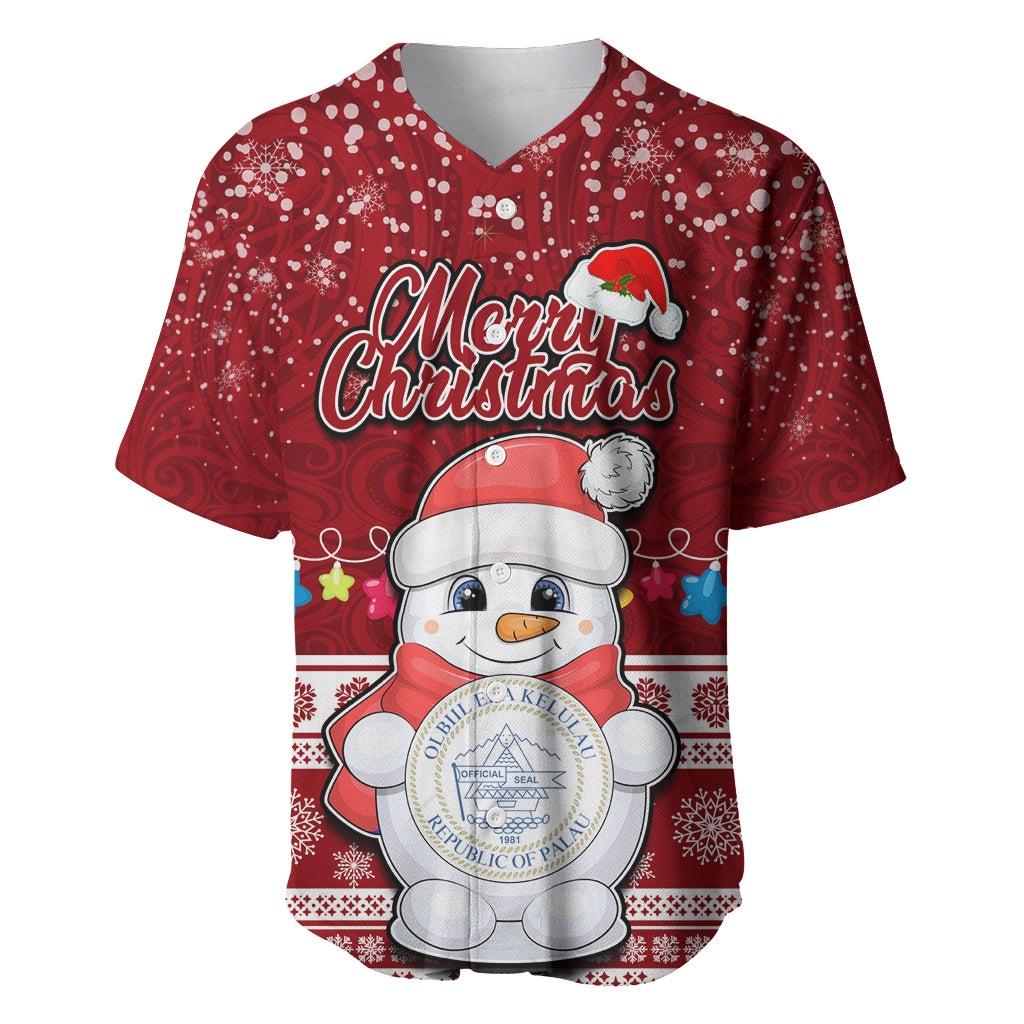 Palau Christmas Baseball Jersey Snowman and Palau Coat of Arms Maori Tribal Xmas Style LT03 Red - Polynesian Pride