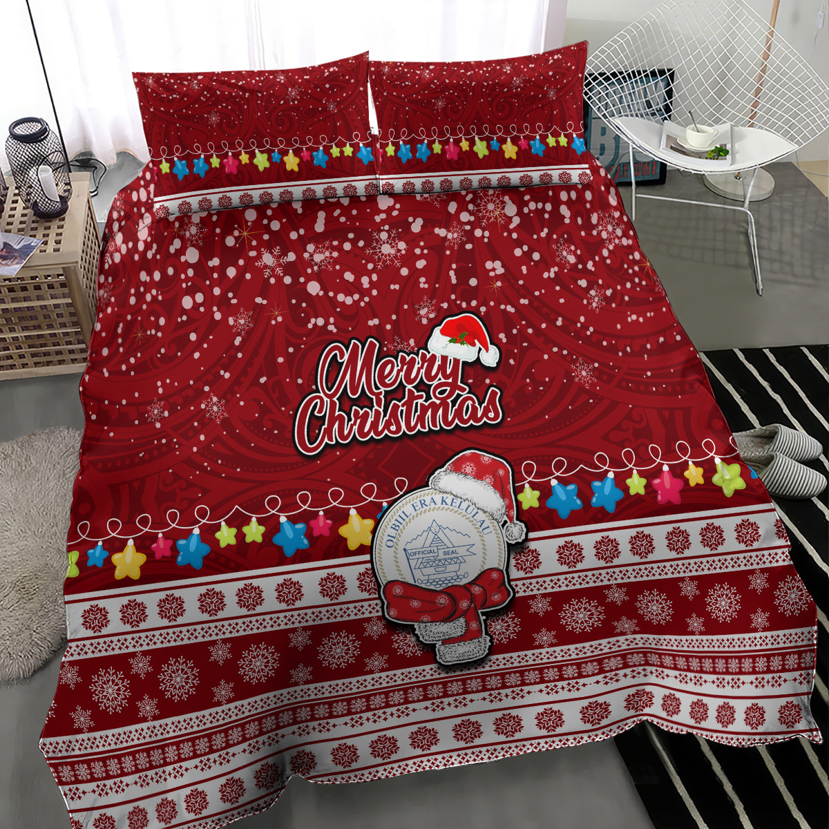 Palau Christmas Bedding Set Snowman and Palau Coat of Arms Maori Tribal Xmas Style LT03 - Polynesian Pride