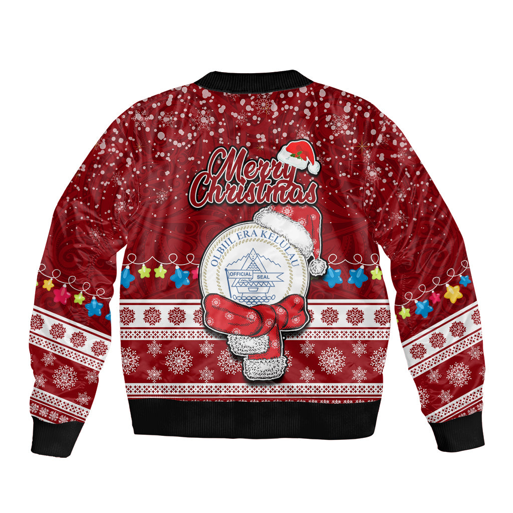 Palau Christmas Bomber Jacket Snowman and Palau Coat of Arms Maori Tribal Xmas Style LT03 - Polynesian Pride