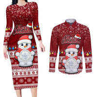 Palau Christmas Couples Matching Long Sleeve Bodycon Dress and Long Sleeve Button Shirt Snowman and Palau Coat of Arms Maori Tribal Xmas Style LT03 Red - Polynesian Pride