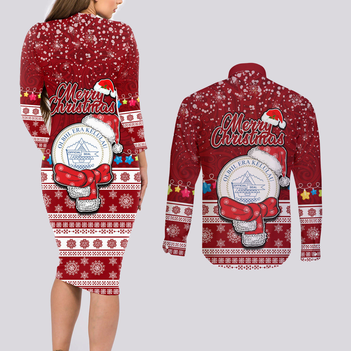 Palau Christmas Couples Matching Long Sleeve Bodycon Dress and Long Sleeve Button Shirt Snowman and Palau Coat of Arms Maori Tribal Xmas Style LT03 - Polynesian Pride