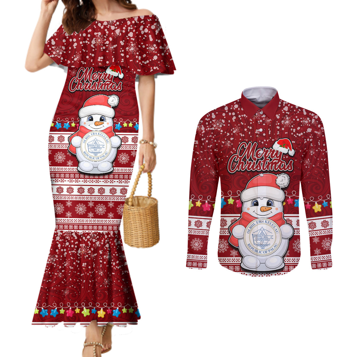 Palau Christmas Couples Matching Mermaid Dress and Long Sleeve Button Shirt Snowman and Palau Coat of Arms Maori Tribal Xmas Style LT03 Red - Polynesian Pride