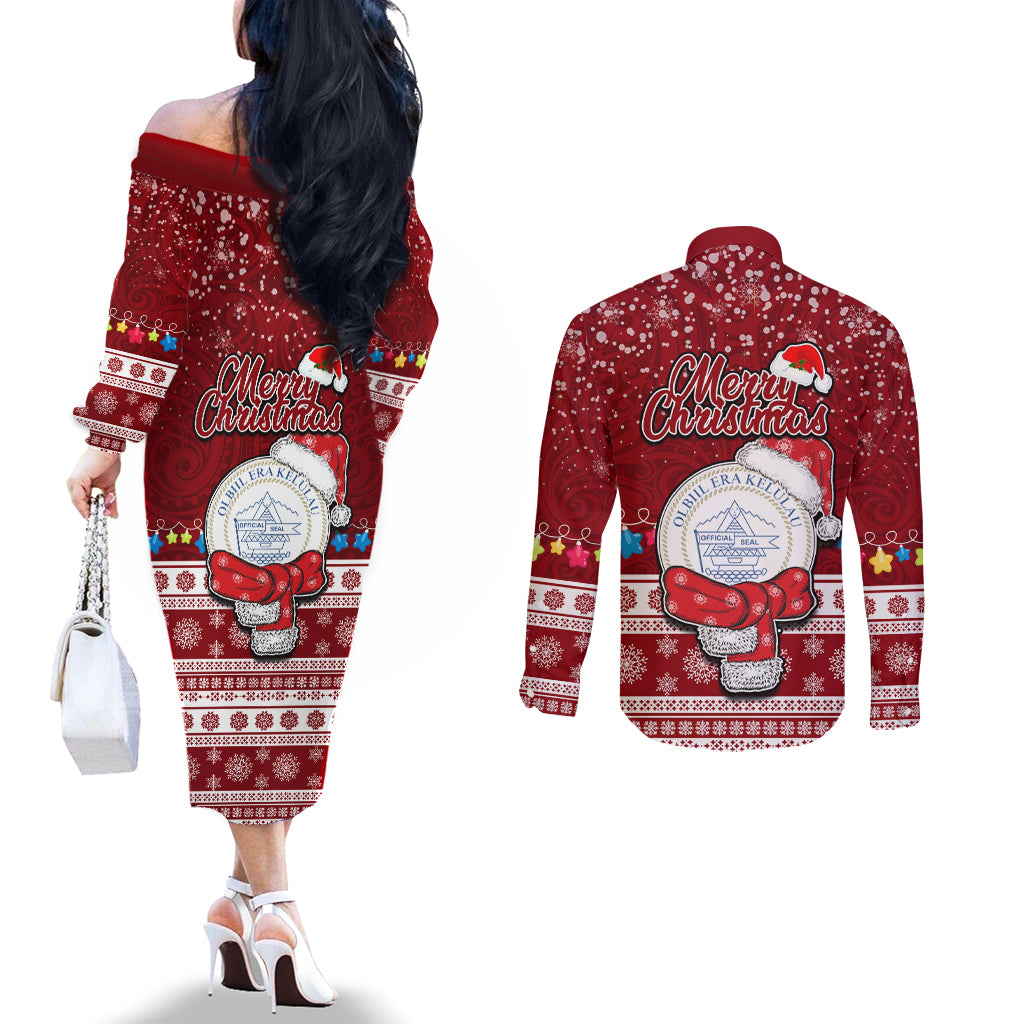 Palau Christmas Couples Matching Off The Shoulder Long Sleeve Dress and Long Sleeve Button Shirt Snowman and Palau Coat of Arms Maori Tribal Xmas Style LT03 - Polynesian Pride