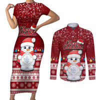 Palau Christmas Couples Matching Short Sleeve Bodycon Dress and Long Sleeve Button Shirt Snowman and Palau Coat of Arms Maori Tribal Xmas Style LT03 Red - Polynesian Pride