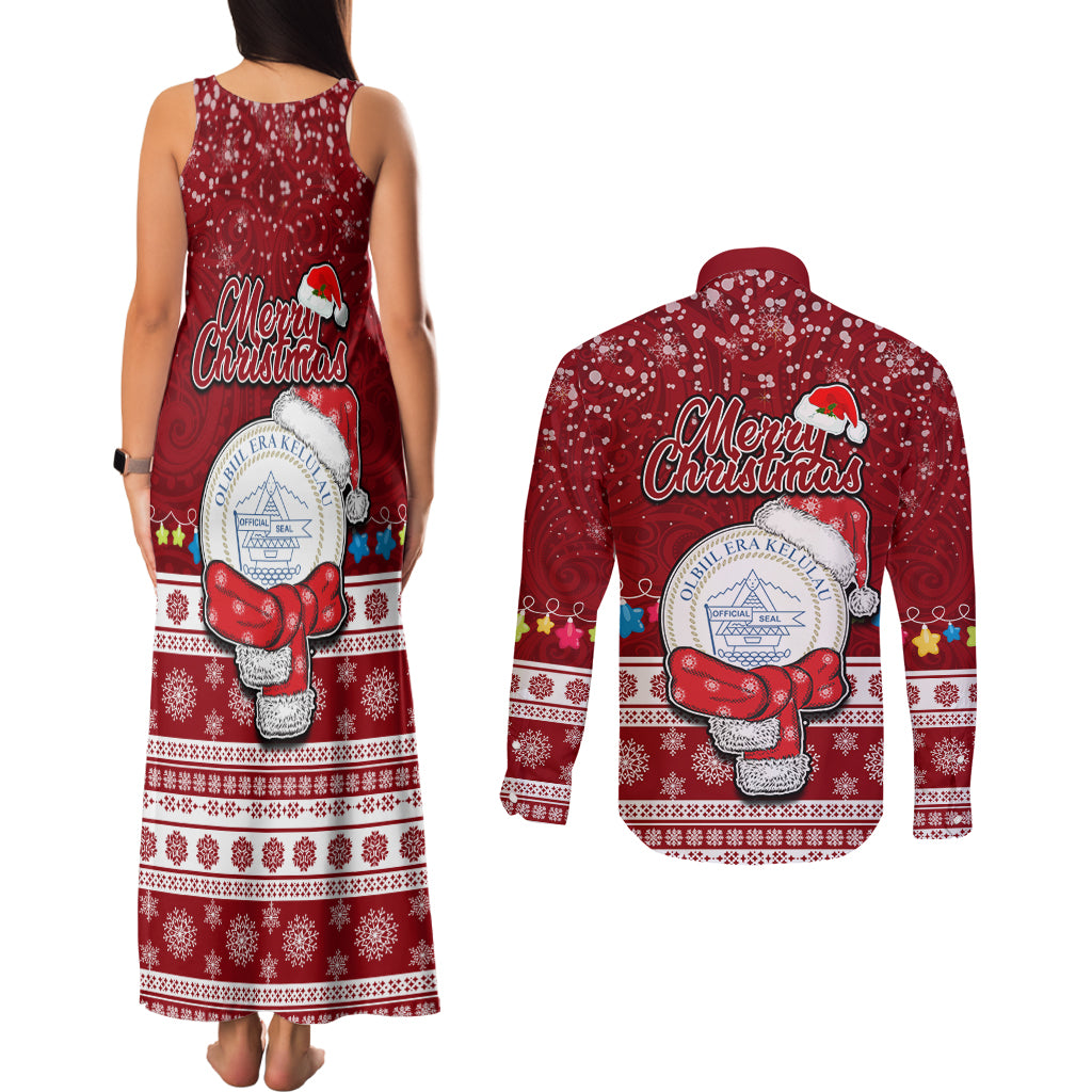 Palau Christmas Couples Matching Tank Maxi Dress and Long Sleeve Button Shirt Snowman and Palau Coat of Arms Maori Tribal Xmas Style LT03 - Polynesian Pride