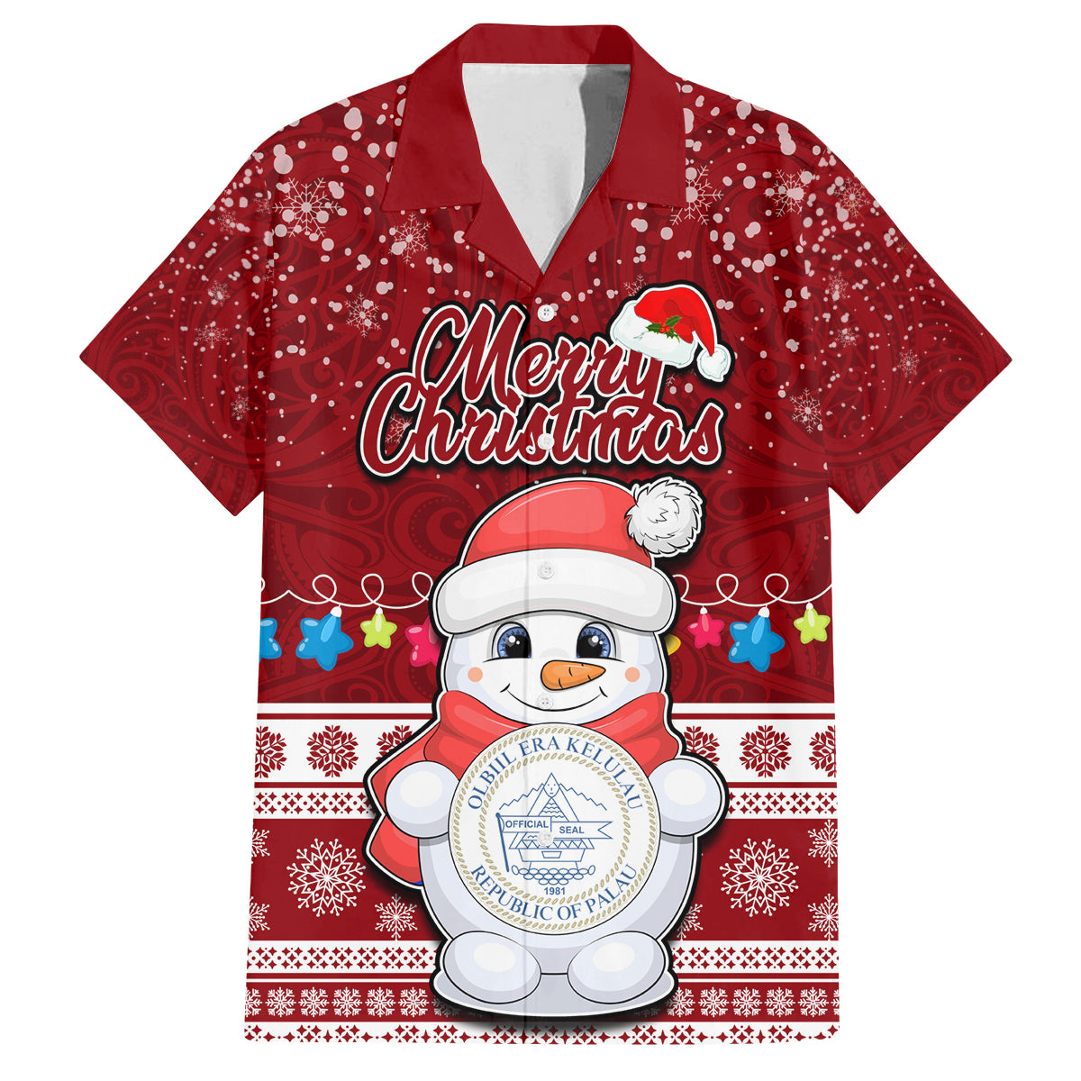 Palau Christmas Family Matching Summer Maxi Dress and Hawaiian Shirt Snowman and Palau Coat of Arms Maori Tribal Xmas Style LT03 Dad's Shirt - Short Sleeve Red - Polynesian Pride