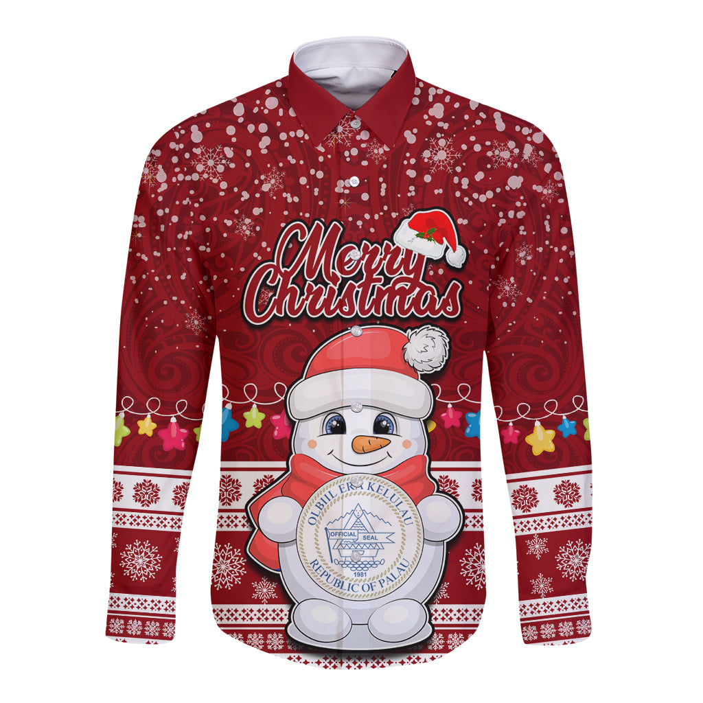 Palau Christmas Long Sleeve Button Shirt Snowman and Palau Coat of Arms Maori Tribal Xmas Style LT03 Unisex Red - Polynesian Pride