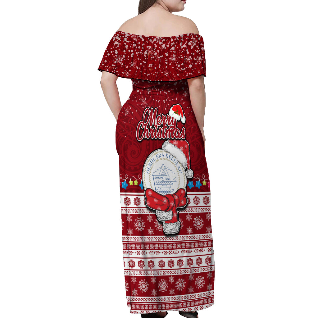 Palau Christmas Off Shoulder Maxi Dress Snowman and Palau Coat of Arms Maori Tribal Xmas Style LT03 - Polynesian Pride