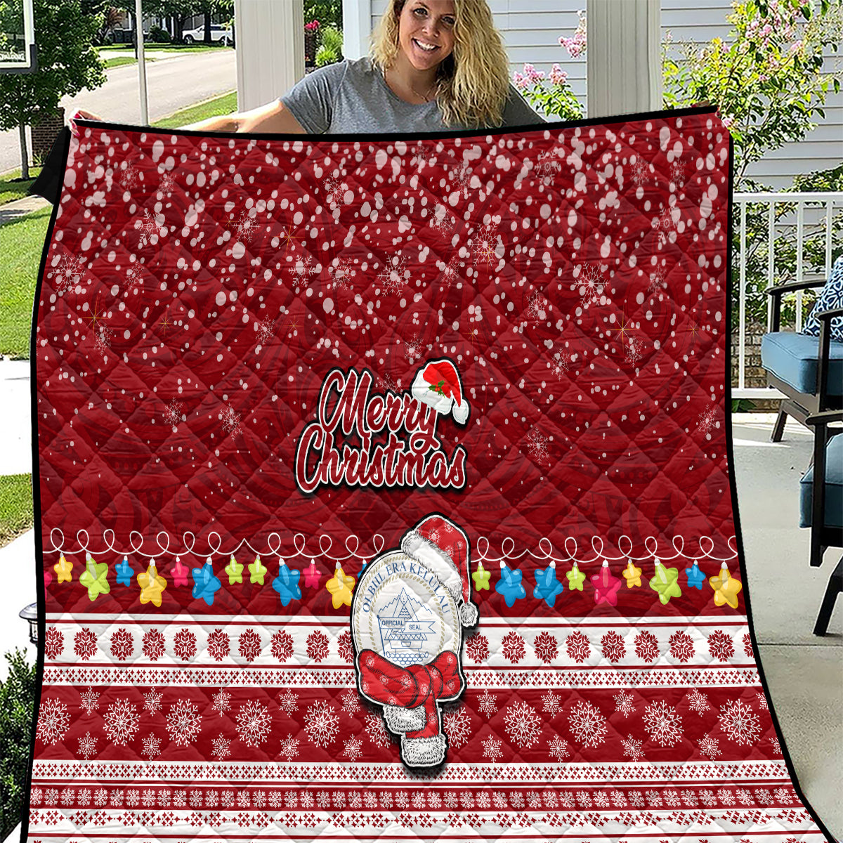 Palau Christmas Quilt Snowman and Palau Coat of Arms Maori Tribal Xmas Style LT03 Red - Polynesian Pride