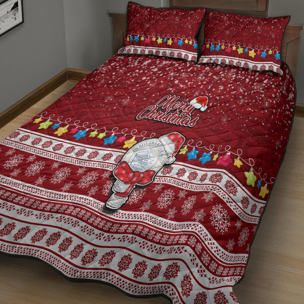 Palau Christmas Quilt Bed Set Snowman and Palau Coat of Arms Maori Tribal Xmas Style LT03 - Polynesian Pride