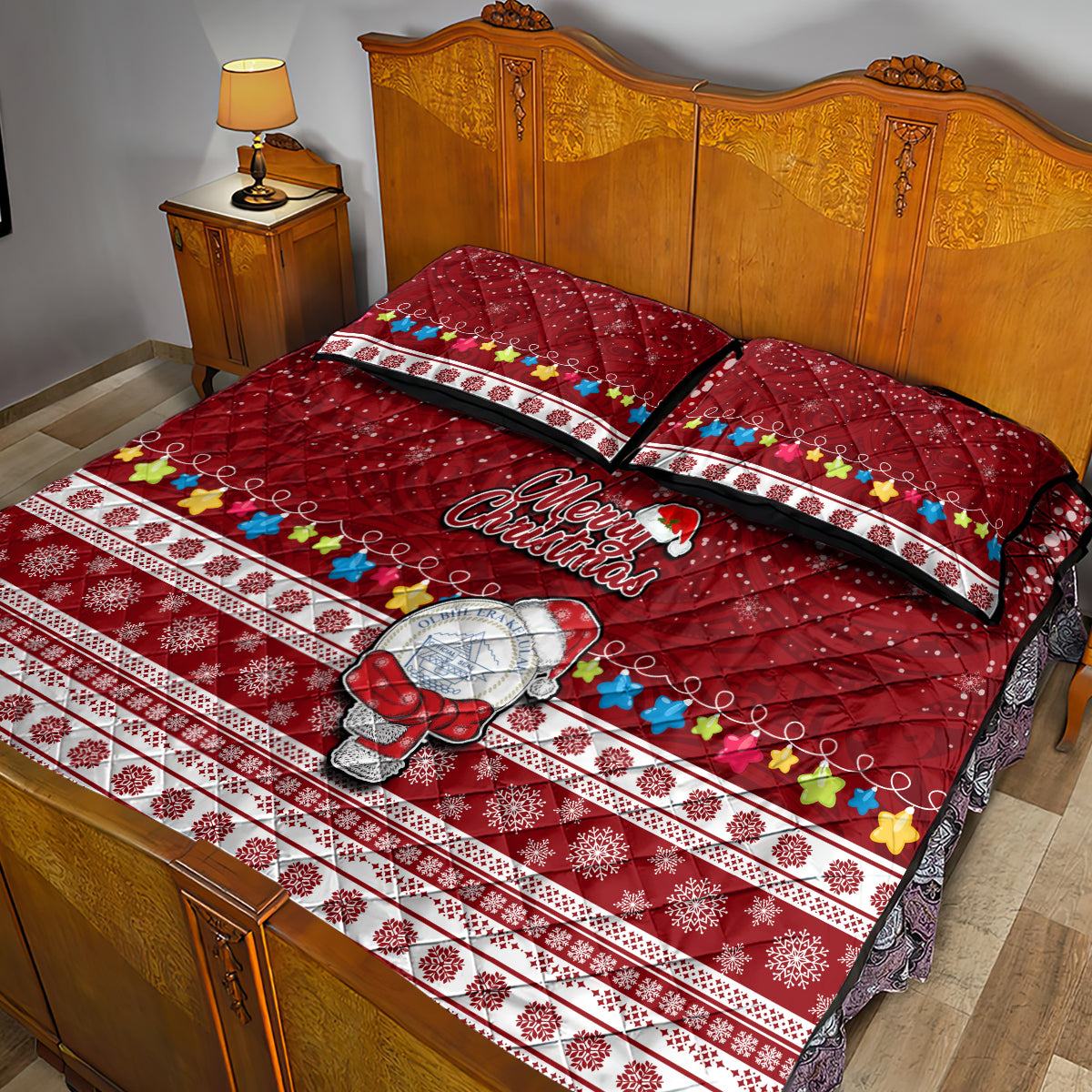 Palau Christmas Quilt Bed Set Snowman and Palau Coat of Arms Maori Tribal Xmas Style LT03 - Polynesian Pride