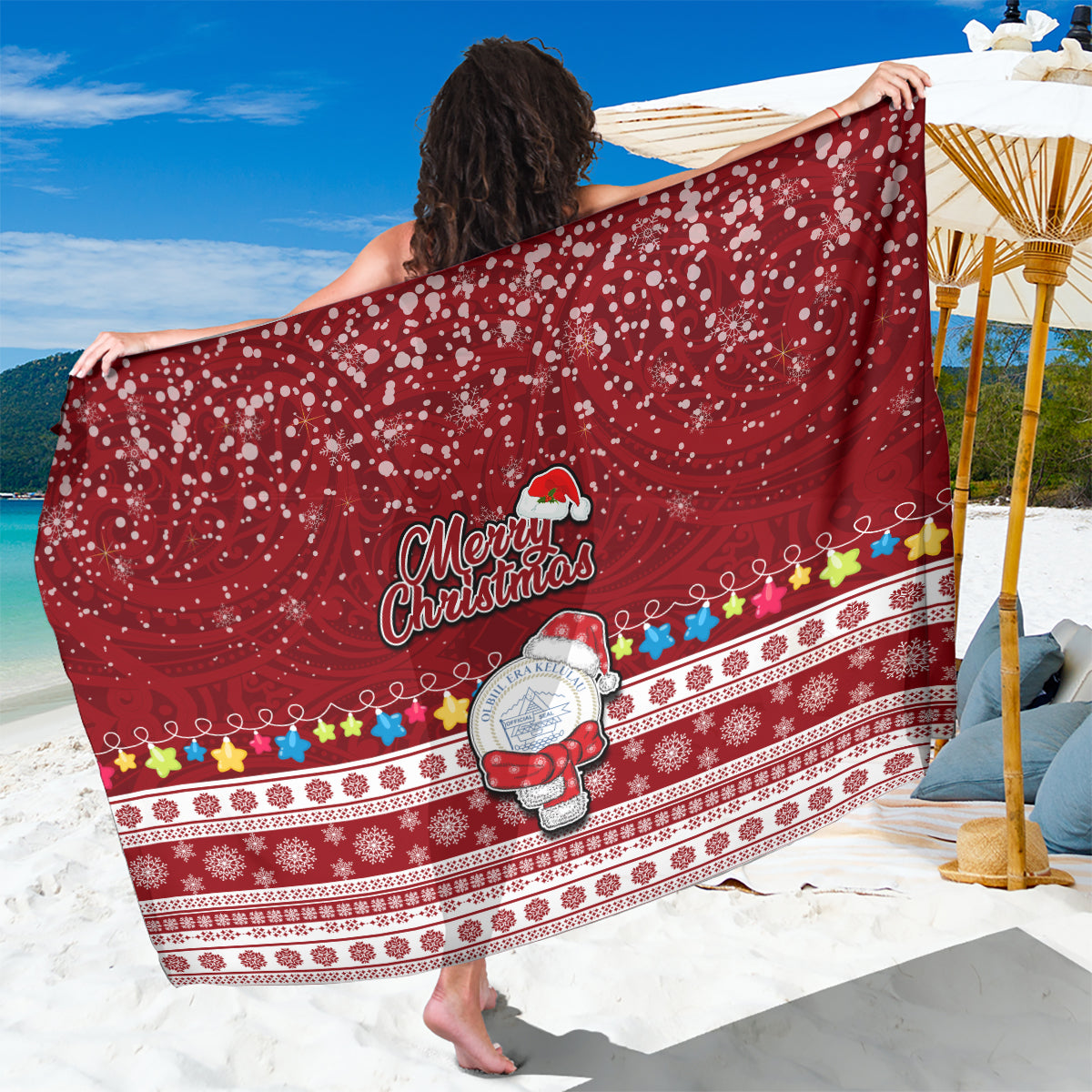 Palau Christmas Sarong Snowman and Palau Coat of Arms Maori Tribal Xmas Style LT03 One Size 44 x 66 inches Red - Polynesian Pride