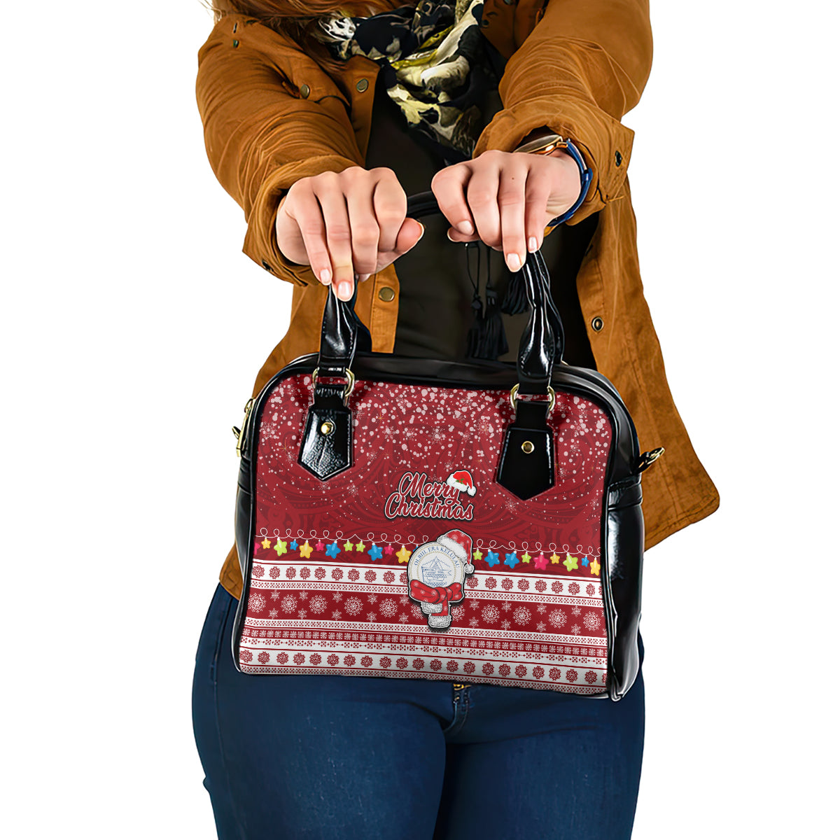 Palau Christmas Shoulder Handbag Snowman and Palau Coat of Arms Maori Tribal Xmas Style LT03 One Size Red - Polynesian Pride