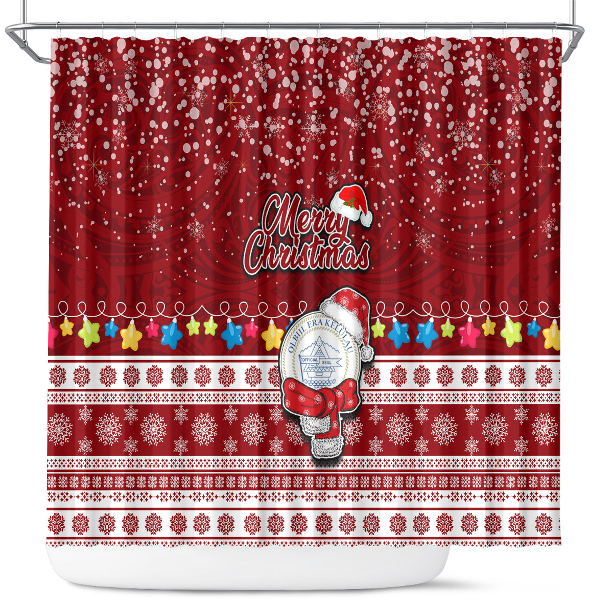 Palau Christmas Shower Curtain Snowman and Palau Coat of Arms Maori Tribal Xmas Style LT03 Red - Polynesian Pride