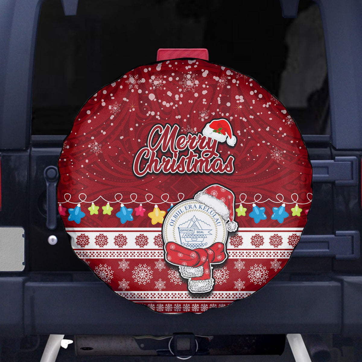 Palau Christmas Spare Tire Cover Snowman and Palau Coat of Arms Maori Tribal Xmas Style LT03 Red - Polynesian Pride