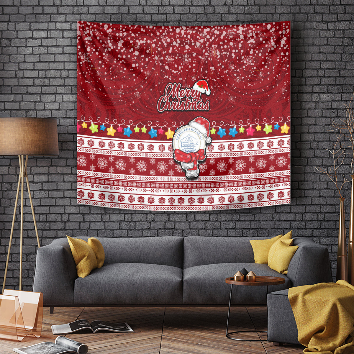 Palau Christmas Tapestry Snowman and Palau Coat of Arms Maori Tribal Xmas Style LT03 Red - Polynesian Pride