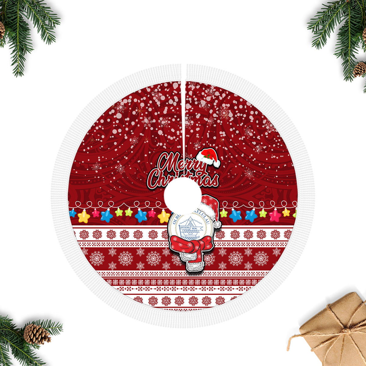 Palau Christmas Tree Skirt Snowman and Palau Coat of Arms Maori Tribal Xmas Style LT03 - Polynesian Pride