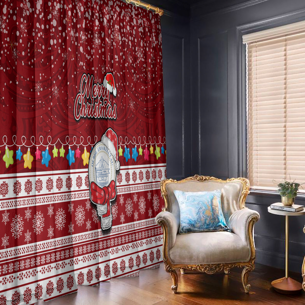 Palau Christmas Window Curtain Snowman and Palau Coat of Arms Maori Tribal Xmas Style LT03 With Hooks Red - Polynesian Pride