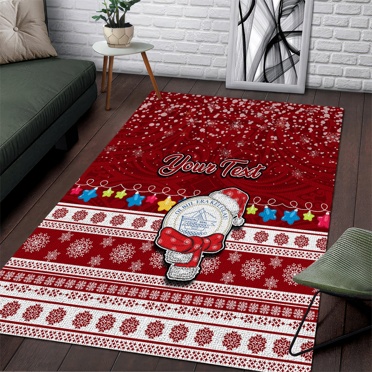 Personalised Palau Christmas Area Rug Snowman and Palau Coat of Arms Maori Tribal Xmas Style LT03 Red - Polynesian Pride