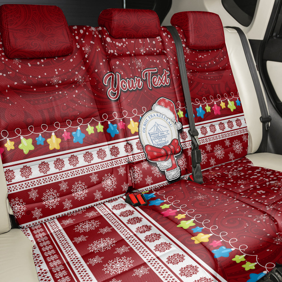 Personalised Palau Christmas Back Car Seat Cover Snowman and Palau Coat of Arms Maori Tribal Xmas Style