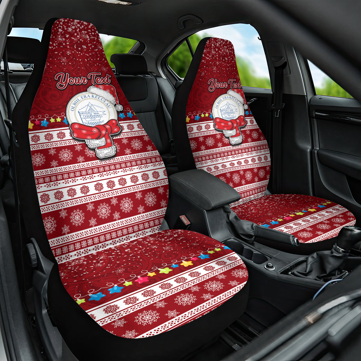 Personalised Palau Christmas Car Seat Cover Snowman and Palau Coat of Arms Maori Tribal Xmas Style LT03 One Size Red - Polynesian Pride