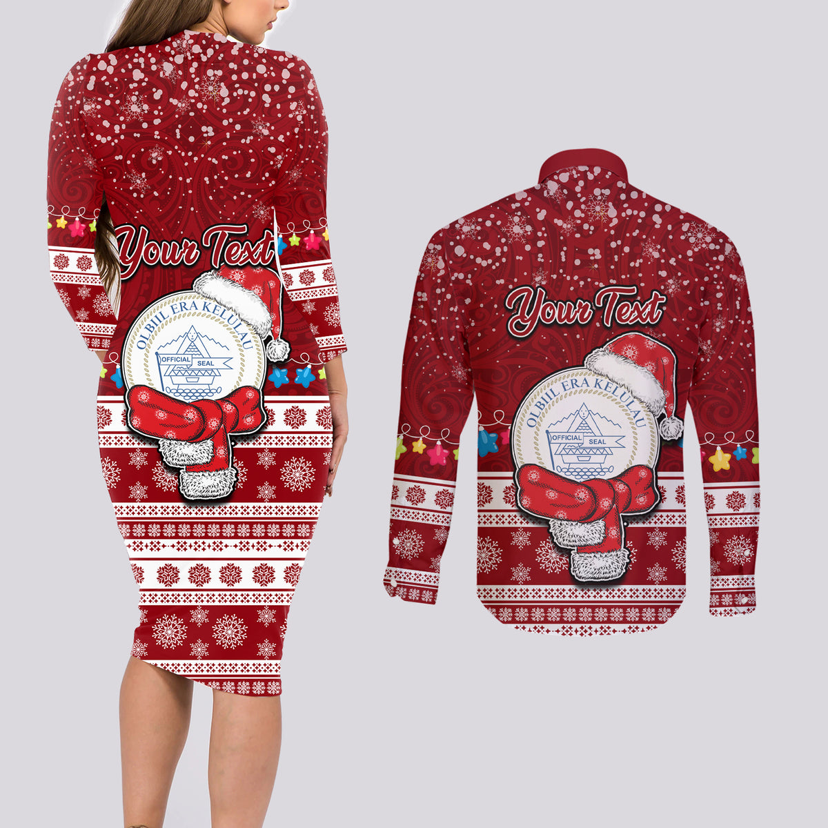 Personalised Palau Christmas Couples Matching Long Sleeve Bodycon Dress and Long Sleeve Button Shirt Snowman and Palau Coat of Arms Maori Tribal Xmas Style LT03 - Polynesian Pride