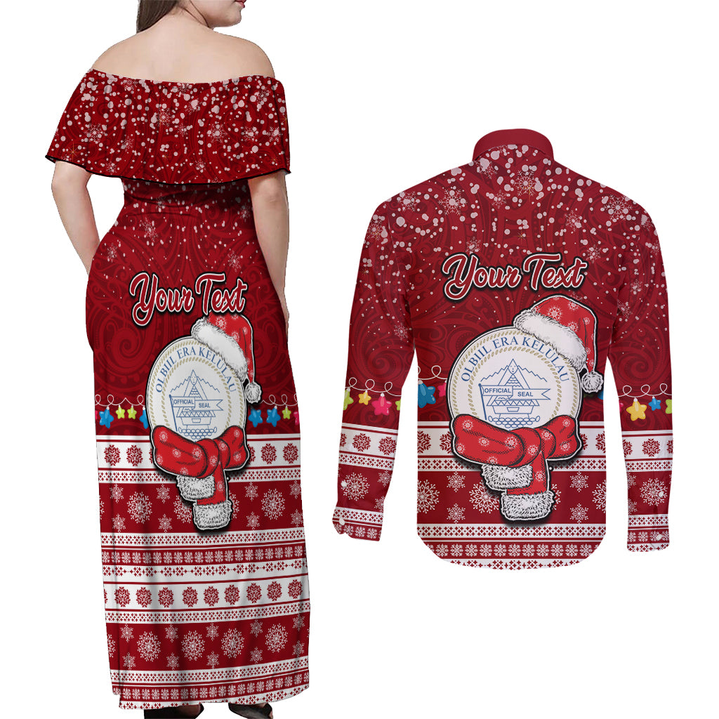 Personalised Palau Christmas Couples Matching Off Shoulder Maxi Dress and Long Sleeve Button Shirt Snowman and Palau Coat of Arms Maori Tribal Xmas Style LT03 - Polynesian Pride