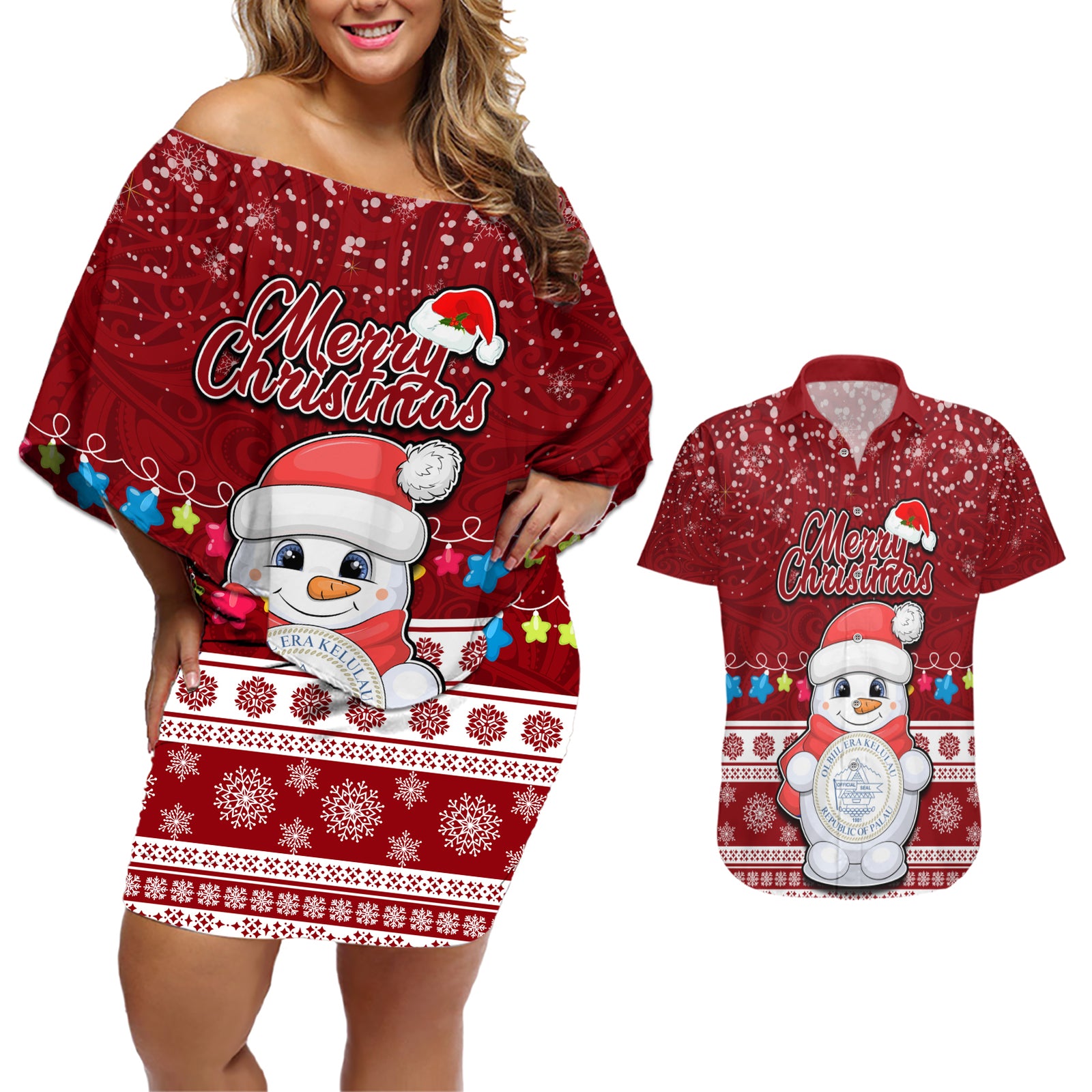 Personalised Palau Christmas Couples Matching Off Shoulder Short Dress and Hawaiian Shirt Snowman and Palau Coat of Arms Maori Tribal Xmas Style LT03 Red - Polynesian Pride