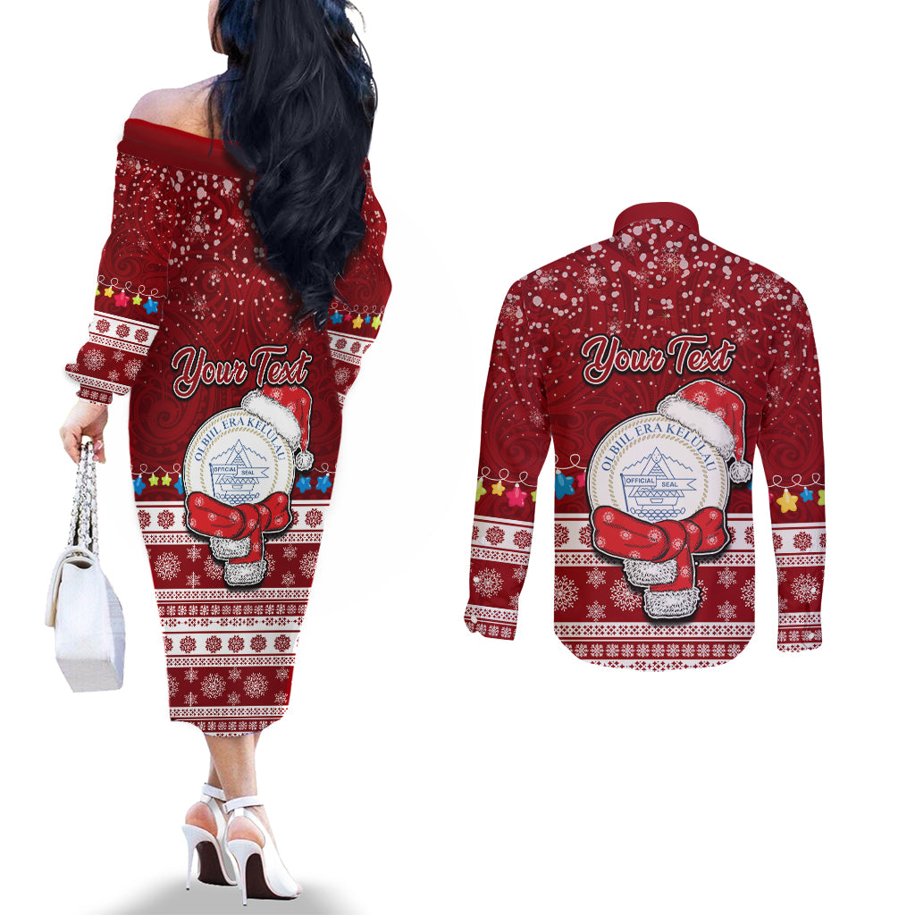 Personalised Palau Christmas Couples Matching Off The Shoulder Long Sleeve Dress and Long Sleeve Button Shirt Snowman and Palau Coat of Arms Maori Tribal Xmas Style LT03 - Polynesian Pride
