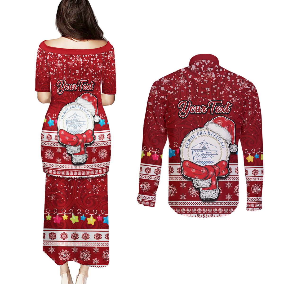 Personalised Palau Christmas Couples Matching Puletasi Dress and Long Sleeve Button Shirt Snowman and Palau Coat of Arms Maori Tribal Xmas Style LT03 - Polynesian Pride