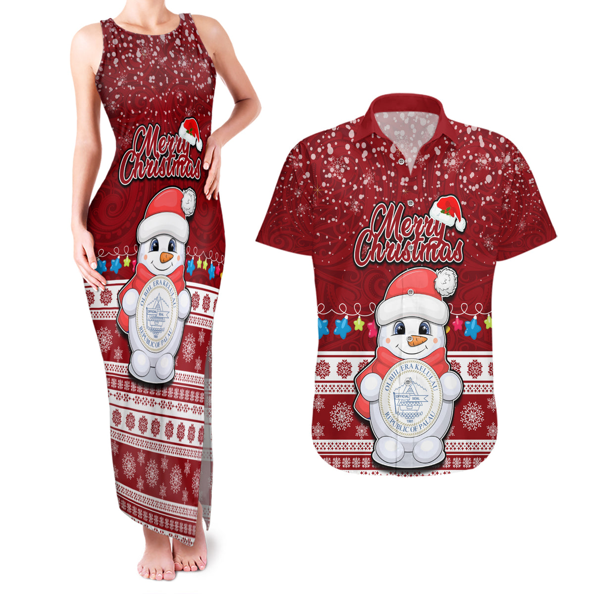Personalised Palau Christmas Couples Matching Tank Maxi Dress and Hawaiian Shirt Snowman and Palau Coat of Arms Maori Tribal Xmas Style LT03 Red - Polynesian Pride