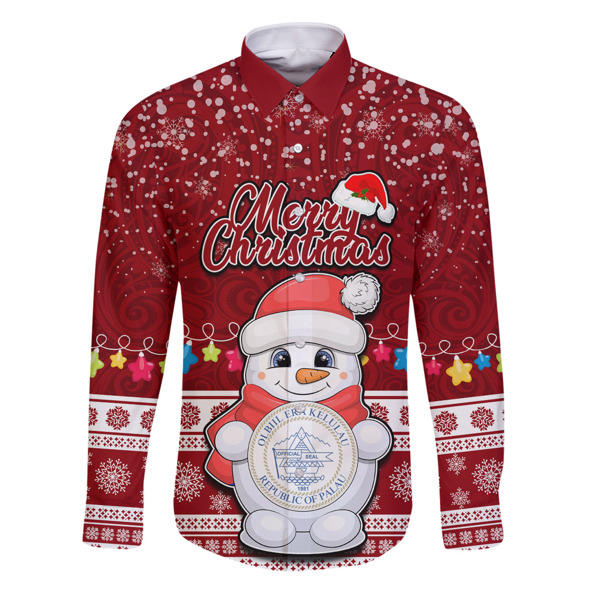Personalised Palau Christmas Family Matching Off Shoulder Short Dress and Hawaiian Shirt Snowman and Palau Coat of Arms Maori Tribal Xmas Style LT03 Dad's Shirt - Long Sleeve Red - Polynesian Pride